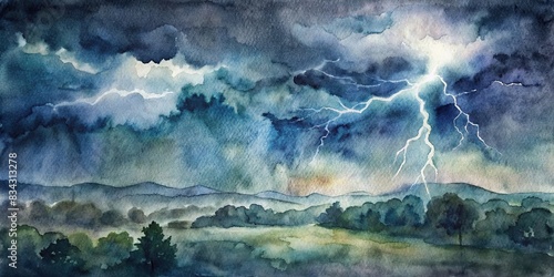 of a thunderstorm with lightning outdoors, created in watercolor , thunderstorm, lightning, outdoors, watercolor, stormy weather, sky, dramatic, atmospheric, dramatic, nature, natural disaster photo