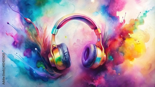 Neon glowing headphones and vibrant watercolor design for an electro house music album cover , neon, glowing, headphones, electro house music, cover, album, watercolor, vibrant, design