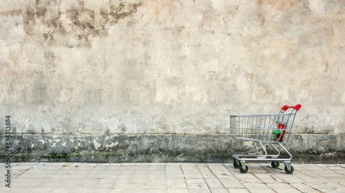 Shopping Cart with Copy Space: A shopping cart filled with items against a blank wall or background, with space on the cart or around it for adding text or graphics 