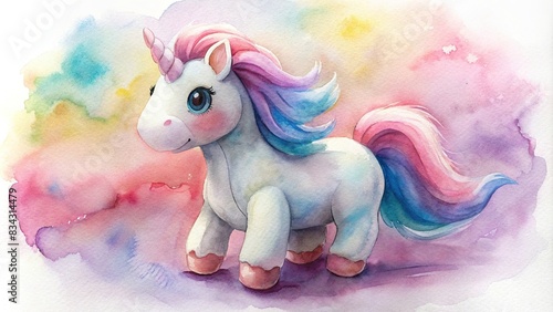 Cute cartoon unicorn toy with white and pink watercolor design , Unicorn, toy,cartoon, cute, white, pink, watercolor, fantasy, magical, whimsical, adorable, pastel, colorful