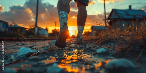 A runner's feet tread a muddy dirt road through a small rural village during a picturesque sunset, capturing the beauty of perseverance and the charm of simple surroundings