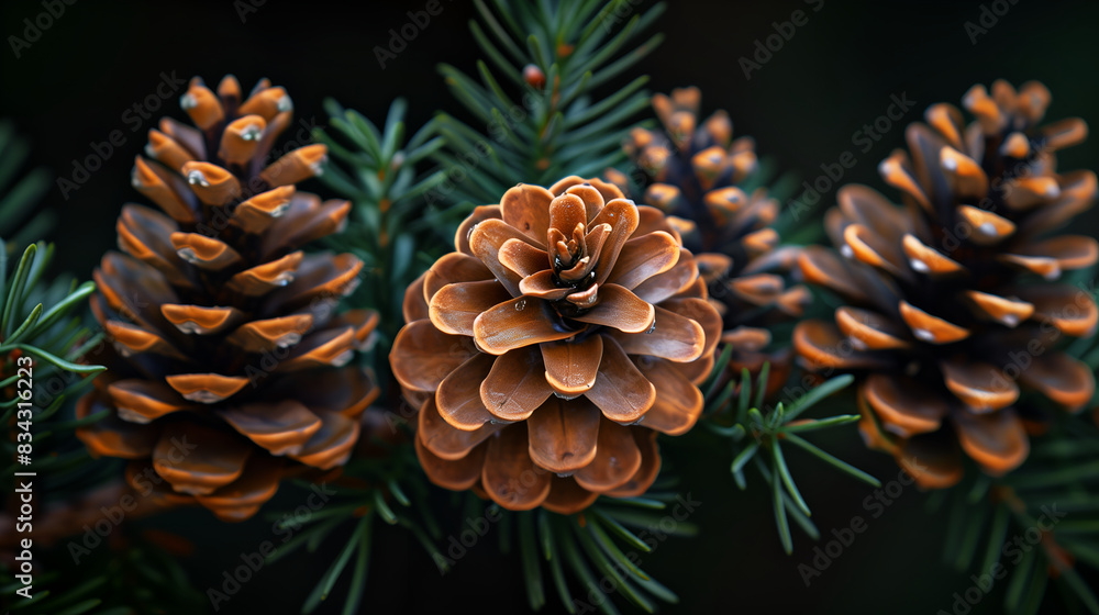 close up photo of pine cones on the branch, with a dark background close up photo of pine cones on the branch, with a dark background