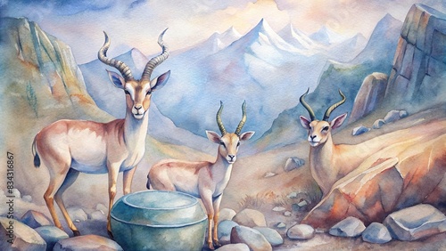Watercolor painting of antelopes and mountain bongos sitting peacefully in a serene natural setting , wildlife, animals, antelope, mountain bongo, nature, watercolor, painting, artistic