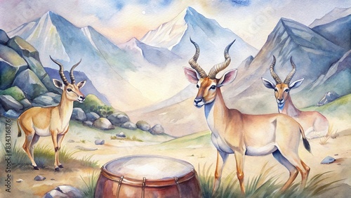 Watercolor painting of antelopes and mountain bongos sitting peacefully in a serene natural setting , wildlife, animals, antelope, mountain bongo, nature, watercolor, painting, artistic photo