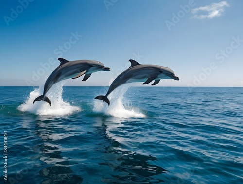Two dolphins jumping in the sea with an open ocean background.