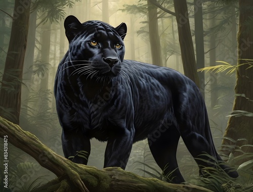 A black panther tiger is standing in a forest with trees in the background.