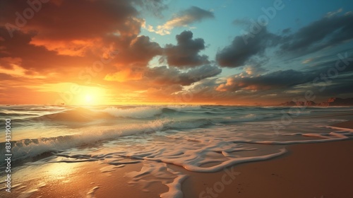 Sunset Over a Serene Beach with Waves Gently Crashing on the Shore