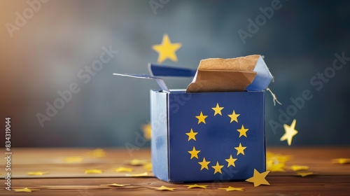 European Union elections concept image background , ballot box with EU flag colors and stars and ballot paper