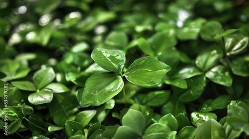 A close-up photograph of lush  green foliage featuring a single standout four-leaf clover among the leaves  symbolizing good luck and natural beauty in a serene environment