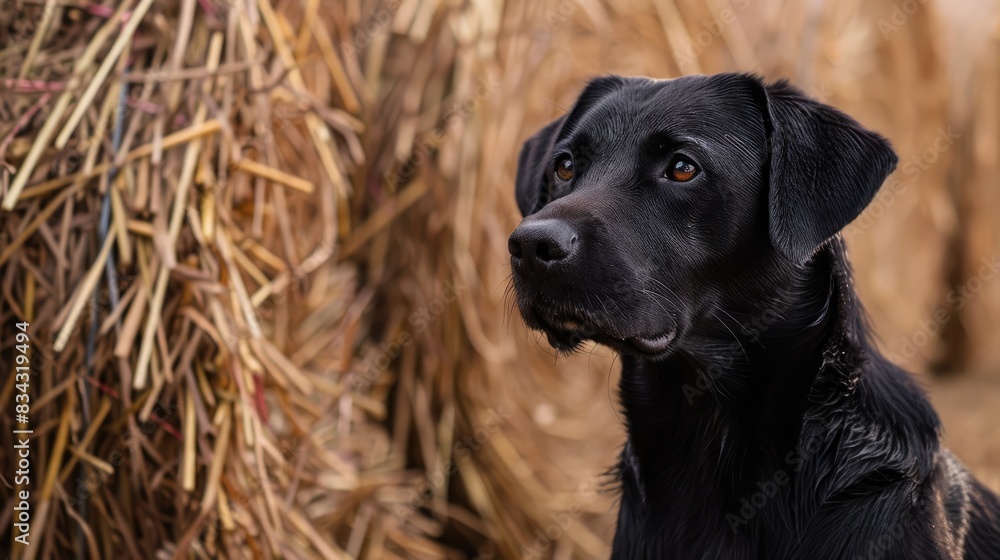 A black dog near the haystacks on the farm A black dog near the haystacks on the farm