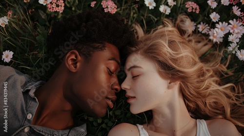 top view of young diverse couple lying on the grass with flowers, their faces close together as they gaze each other's eyes with love and affection. The man is black ,while his girlfriend is blonde © Sattawat