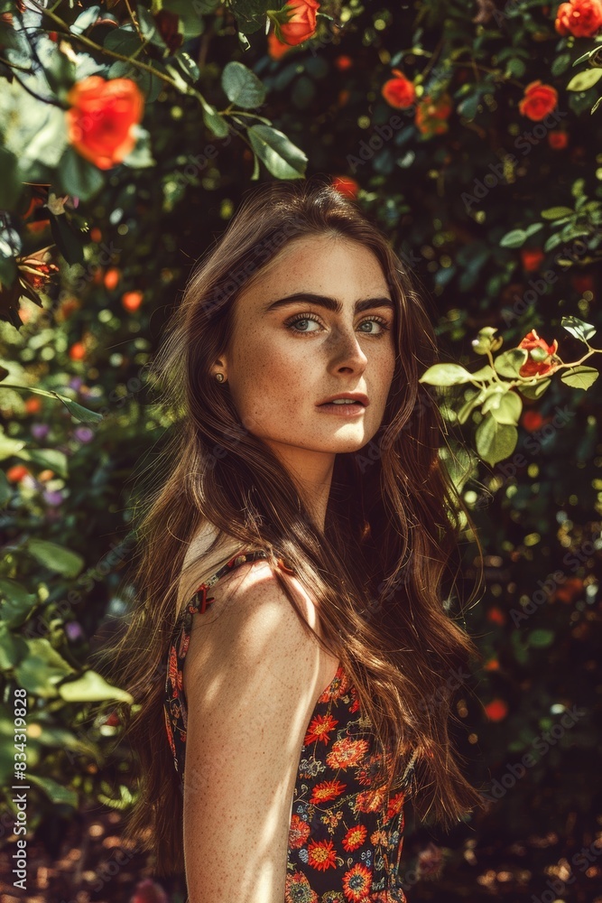 A serene portrait of a young woman with long flowing hair wearing a floral dress, standing amidst a lush garden filled with vibrant blooming roses, evoking a sense of natural beauty and tranquility A serene portrait of a young woman with long flowing hair wearing a floral dress, standing amidst a lush garden filled with vibrant blooming roses, evoking a sense of natural beauty and tranquility
