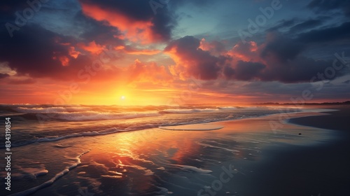 Breathtaking sunset over a peaceful beach with colorful sky and gentle waves photo