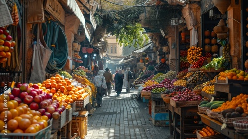 A bustling and vibrant marketplace with various fruits and vegetables on display  narrow passage filled with people shopping  and sunlight filtering through the awnings