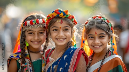 Three Indian girls in traditional Indian clothes on Independence Day or the Republic of India