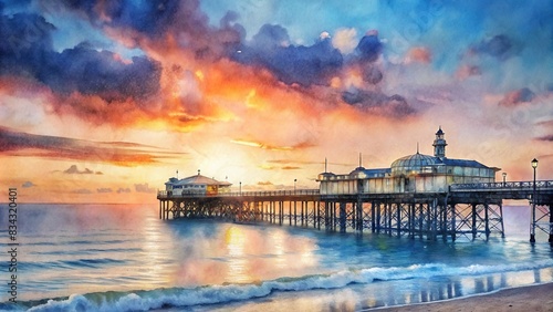 Brighton Pier, UK during sunset watercolor painting , Brighton Pier, UK, sunset, watercolor, painting, art, architecture, landmark, tourism, travel, seaside, pier, colorful, scenic, Summer