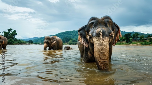 Elephant Bath in the river. Generative Ai