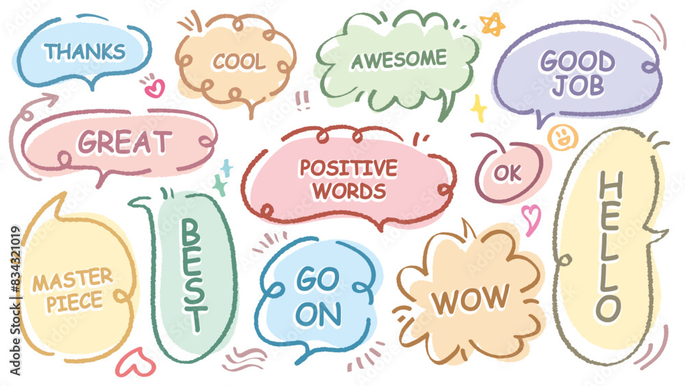 Comic style cute quote speech bubble with positive words. Set of hand drawn memo frame vector. Cartoon doodle crayon drawing cloud, box, message. Flat vector. Best, Awesome, WOW, Master, Piece, Go Comic style cute quote speech bubble with positive words. Set of hand drawn memo frame vector. Cartoon doodle crayon drawing cloud, box, message. Flat vector. Best, Awesome, WOW, Master, Piece, Go