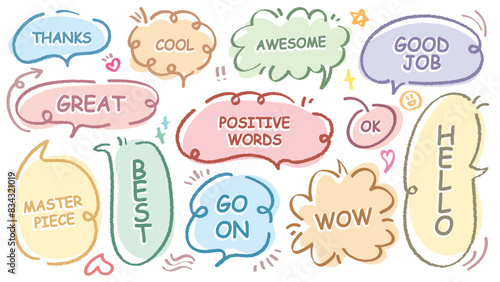 Comic style cute quote speech bubble with positive words. Set of hand drawn memo frame vector. Cartoon doodle crayon drawing cloud, box, message. Flat vector. Best, Awesome, WOW, Master, Piece, Go