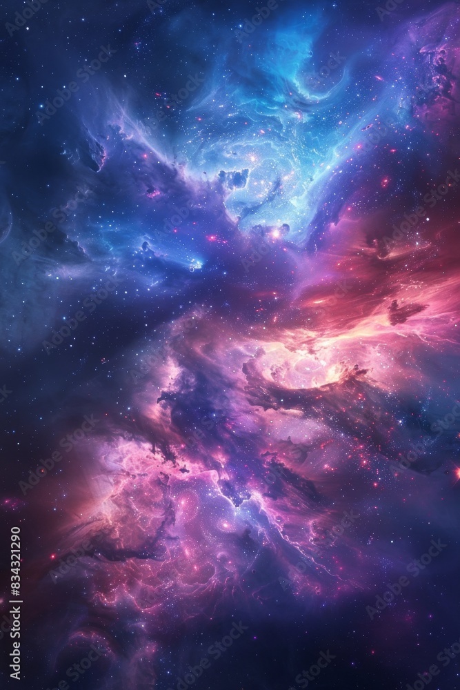 This image showcases a mesmerizing nebula with vibrant blue, purple, and pink clouds swirling in the vastness of space, illuminated by countless sparkling stars. This image showcases a mesmerizing nebula with vibrant blue, purple, and pink clouds swirling in the vastness of space, illuminated by countless sparkling stars.