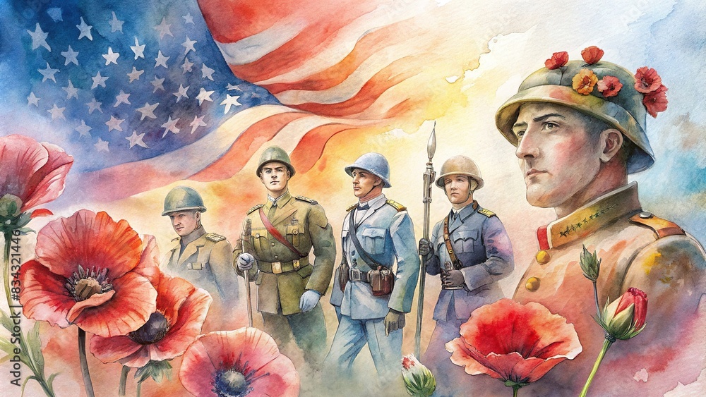Memorial Day tribute banner with vintage and modern soldiers, vibrant