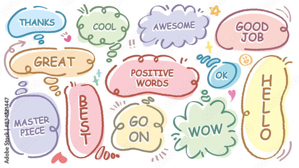 Comic style cute quote think speech bubble with positive words. Set of hand drawn memo frame. Cartoon doodle crayon drawing cloud, box, message. Flat vector. Best, Awesome, WOW, Master, Piece, Go Comic style cute quote think speech bubble with positive words. Set of hand drawn memo frame. Cartoon doodle crayon drawing cloud, box, message. Flat vector. Best, Awesome, WOW, Master, Piece, Go