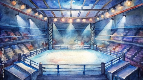 Epic professional boxing arena with empty ring, spotlights, and tournament platform for athletes, boxing, arena, ring, sport, competition, fight, match, tournament, action, athletes, event photo