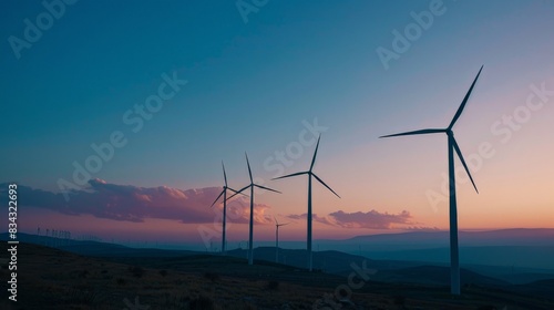 A serene scene of a wind farm at sunset, the turbines standing tall against the vibrant sky, capturing the elegance and potential of wind power as a sustainable energy source. © Lakkhana