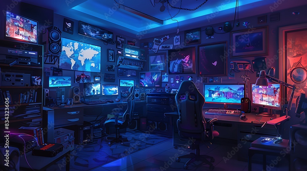 Futuristic Gaming Room - Illustrated Design with Eye-Catching Elements Futuristic Gaming Room - Illustrated Design with Eye-Catching Elements