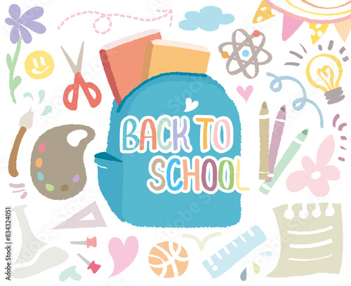 Back to school doodle, colorful hand drawn with crayon. BTS welcome school begin semester background pattern Vector illustration. Out-line draw with book bag. Ruler, Pencil, Science, Art, Scissors
