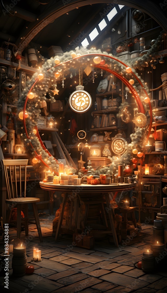 Illustration of a vintage bar interior with a glowing Christmas tree and a mirror