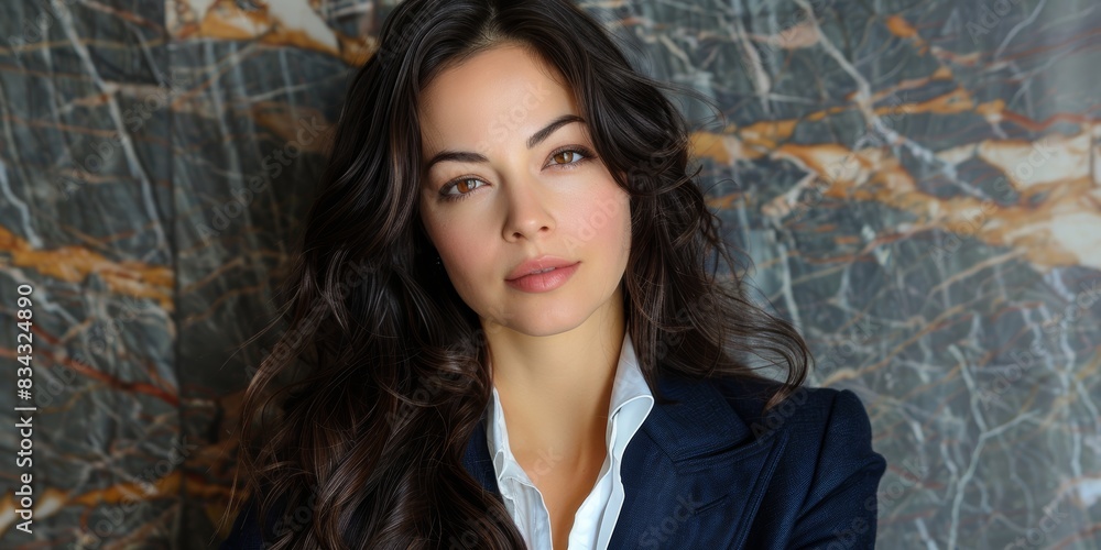 Fototapeta premium Portrait of a confident woman with brunette hair wearing a blue blazer standing against a marble patterned background