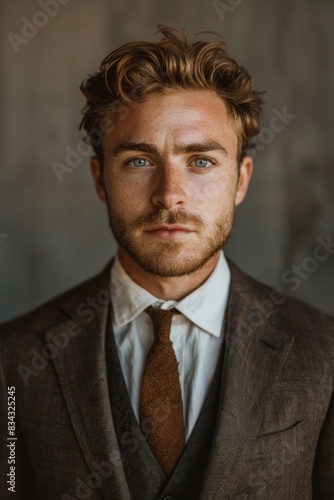 A thoughtful young man with blue eyes, wearing a sharp brown suit and tie, staring intently at the camera against a neutral background, conveying a contemplative and serious demeanor