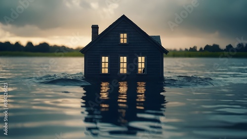 house on the lake,A house figure drowning in water, natural disasters and floods concept background