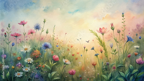 Watercolor background of wildflowers blooming in a meadow © Fauzi Arts