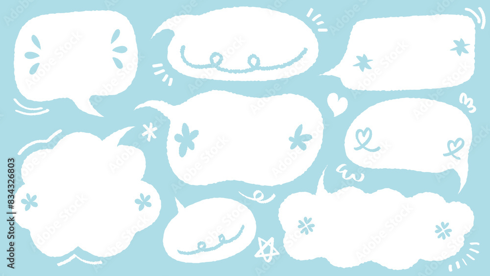 Set of hand drawn style cute memo sticker. Variety abstract shapes of blue speech bubble. quote color frames blank with crayon draw. Chat box balloon cloud. Label tag collection vector for text Set of hand drawn style cute memo sticker. Variety abstract shapes of blue speech bubble. quote color frames blank with crayon draw. Chat box balloon cloud. Label tag collection vector for text