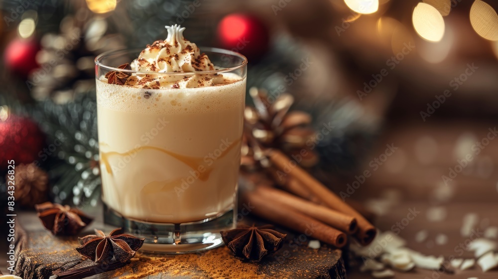 A festive holiday drink garnished with whipped cream and spices, surrounded by cozy Christmas decorations and warm lighting for a perfect winter atmosphere A festive holiday drink garnished with whipped cream and spices, surrounded by cozy Christmas decorations and warm lighting for a perfect winter atmosphere