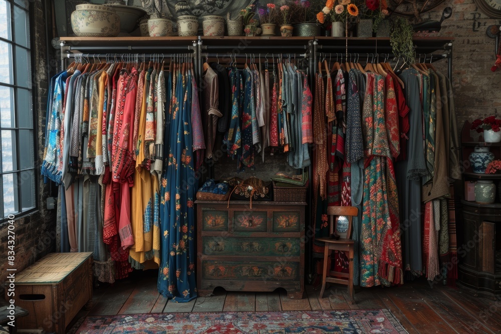 An eclectic vintage clothing boutique with colorful and patterned garments hanging neatly on racks, surrounded by unique decor and antiques, displaying a charming atmosphere