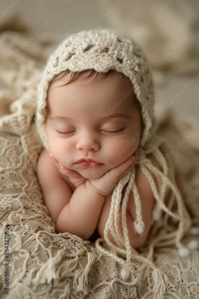 A serene and heartwarming photograph of a peacefully sleeping baby wearing an intricately crocheted hat, resting on a beautifully textured lace blanket A serene and heartwarming photograph of a peacefully sleeping baby wearing an intricately crocheted hat, resting on a beautifully textured lace blanket