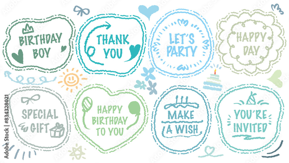Set of hand drawn speech bubble with Boy Happy Birthday inscription. Cute memo party sticker. Draw with crayon quote frame. Comic doodle style birthday label. Romantic blank for text. Balloon, Cake Set of hand drawn speech bubble with Boy Happy Birthday inscription. Cute memo party sticker. Draw with crayon quote frame. Comic doodle style birthday label. Romantic blank for text. Balloon, Cake
