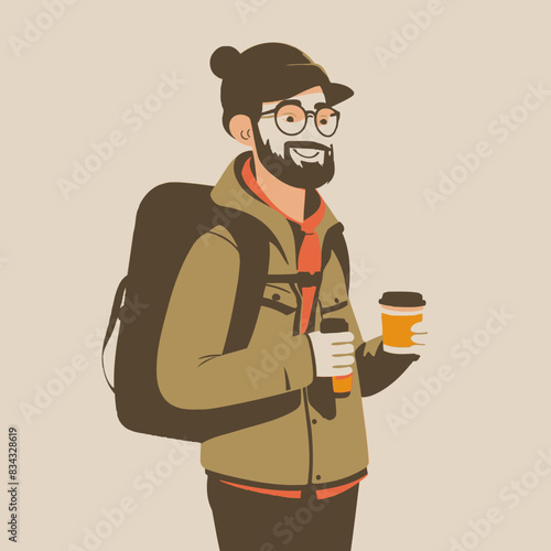 Travel Blogger with a Coffee Travel Related Vectorin Plain Background