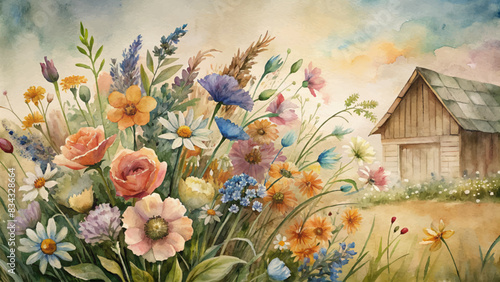 Watercolor background decorated with wildflowers in the countryside