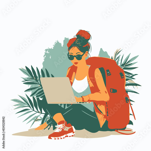 Travel Blogger with a Laptop Travel Related Vectorin Plain Background