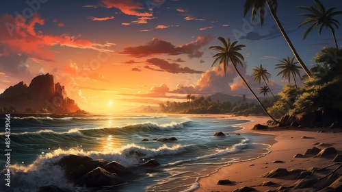 Stunning Tropical Beach Sunset with Palm Trees and Gentle Waves © Miva