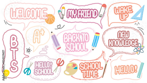 Back to school theme out-line hand-drawn speech bubble. Set of BTS crayon cute memo sticker. Welcome school begin semester chat box. Stationery pattern balloon cloud. Pencil, Science, Math, Paper clip