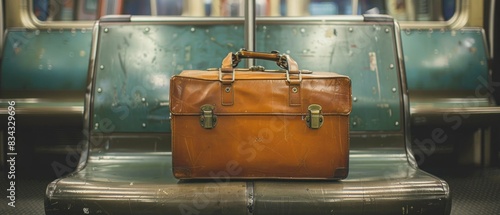 A solitary briefcase sits on a subway seat, embodying the professionalism of the daily commuter. photo