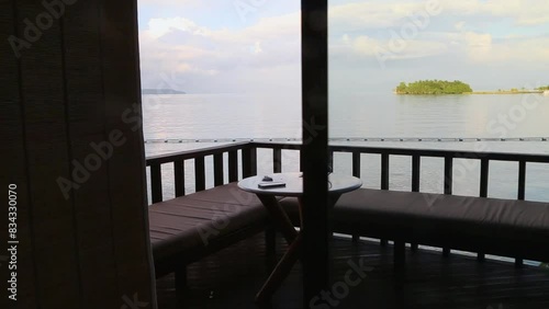 Beautiful villa room with a great view of the paradise beach resort in the Philippines in South east asia during the summer. Crystal clear blue waters and white sand.