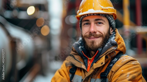 A portrait of a smiling construction worker wearing a hard hat and winter gear, standing outdoors at a work site, with blurred background elements focusing on safety and equipment © aicandy