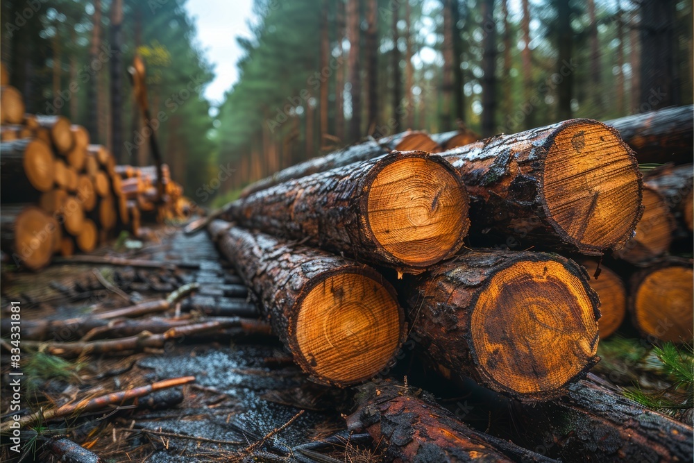 Rustic image of a forested area showcasing a stack of large logs neatly arranged, emphasizing the timber industry and logging activities in a natural woodland setting Rustic image of a forested area showcasing a stack of large logs neatly arranged, emphasizing the timber industry and logging activities in a natural woodland setting