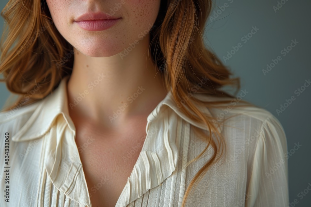 A close-up image captures the serene expression of a woman with auburn hair wearing a cream blouse, emphasizing her delicate features and peaceful demeanor A close-up image captures the serene expression of a woman with auburn hair wearing a cream blouse, emphasizing her delicate features and peaceful demeanor